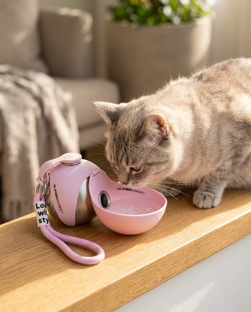 A cat drinking from the fold-out bowl indoors