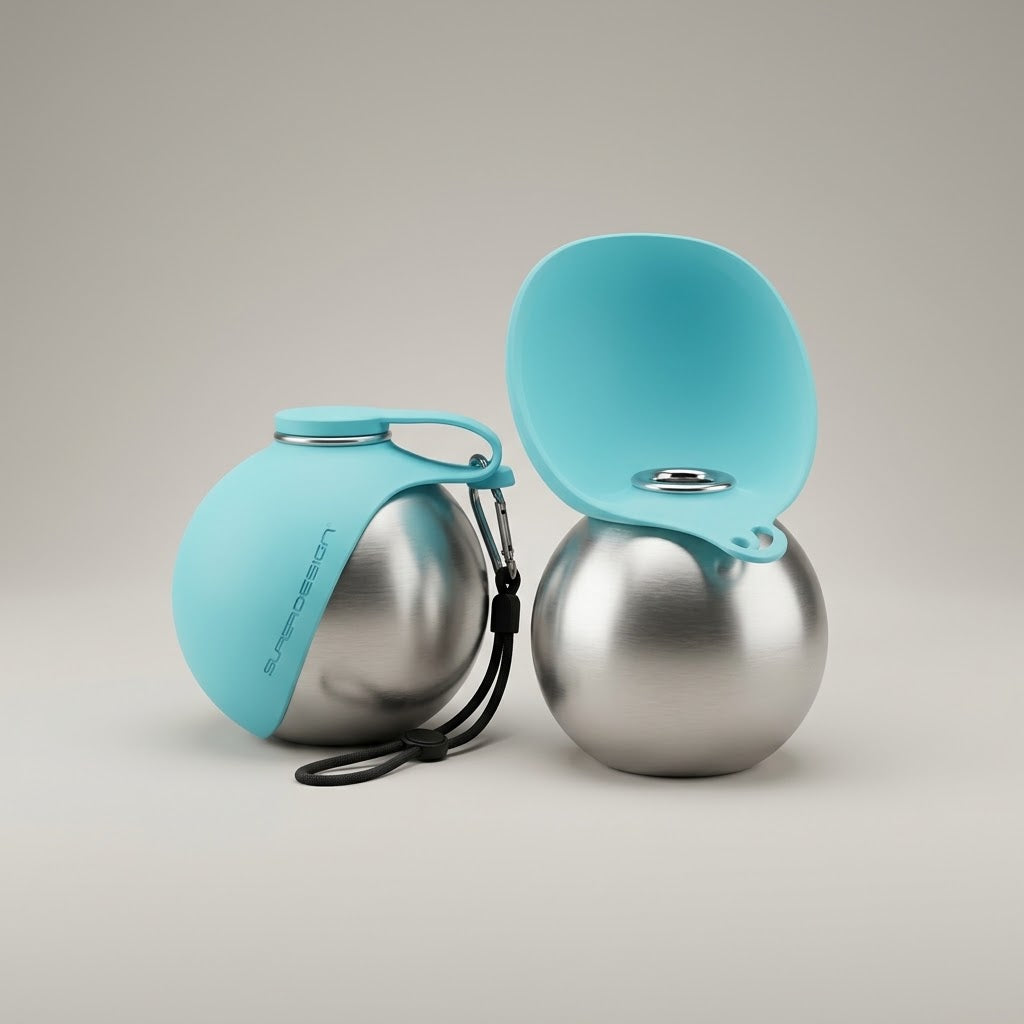 The teal bottle closed, beside one with the bowl folded out