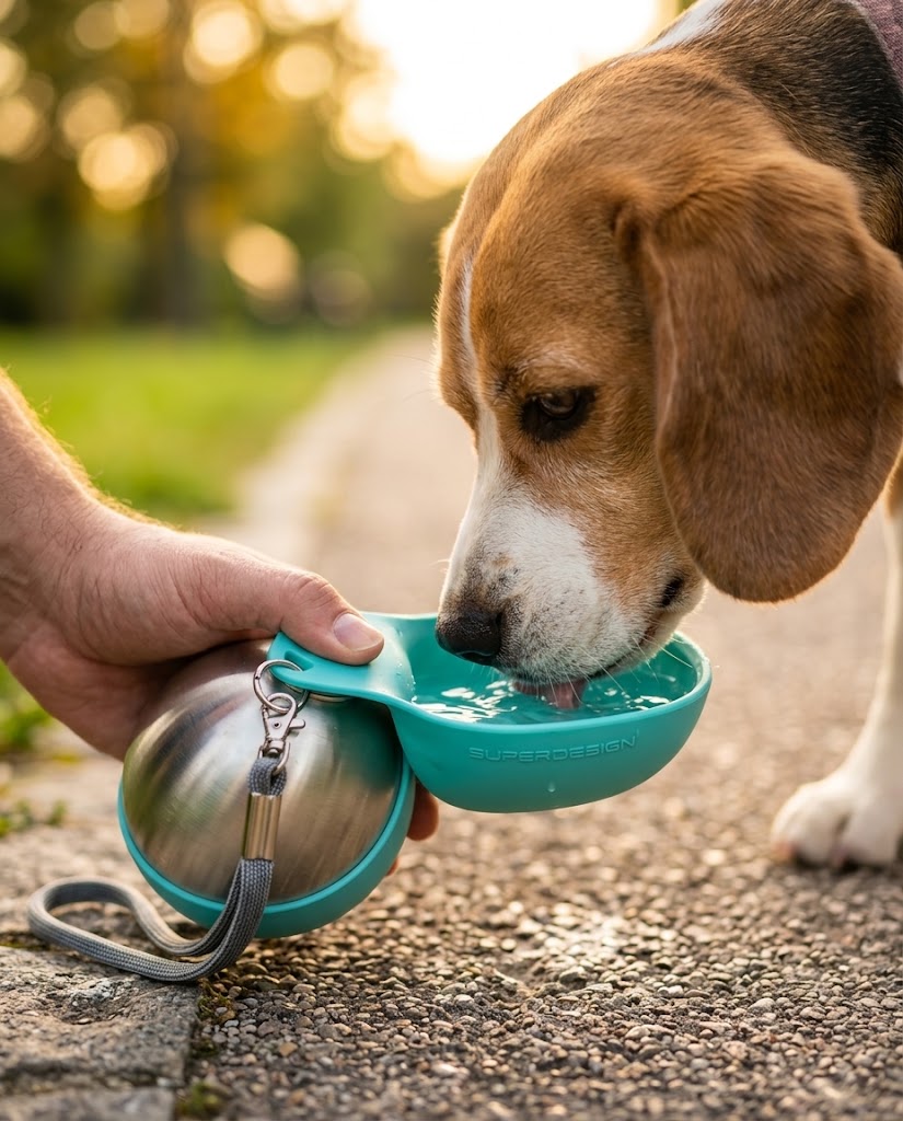 A beagle drinking from the fold-out bowl outdoors