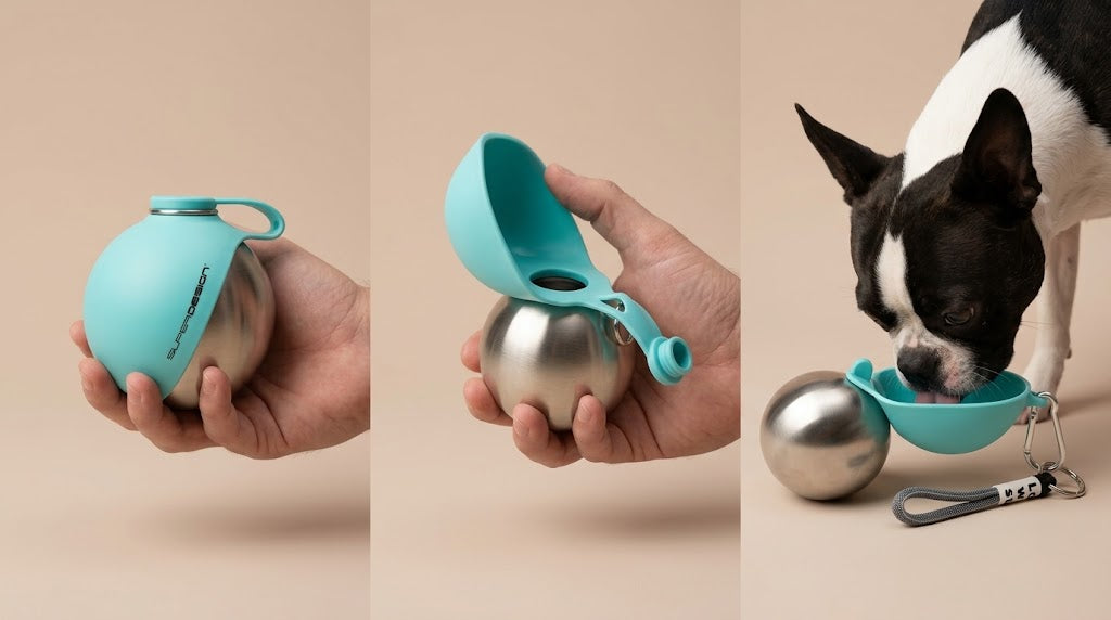Three steps: holding the bottle, lifting the panel, a dog drinking