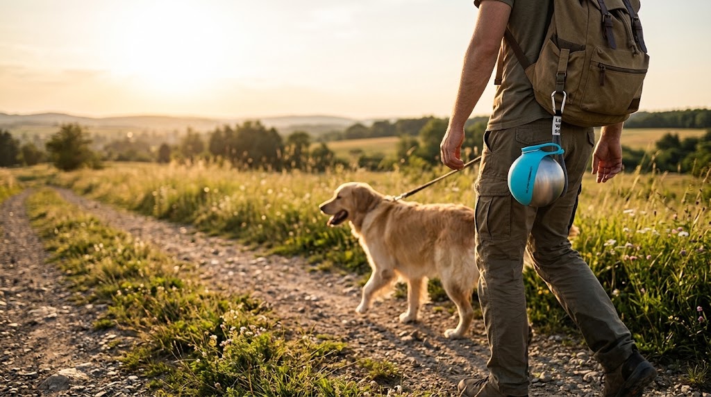 The bottle clipped to a belt on an evening walk with a dog